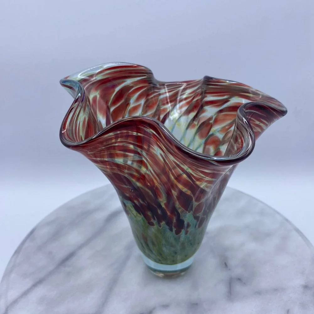 Vintage Artist Signed Studio Abstract Art Glass 1998 Handblown Ruffled Vase 7.5